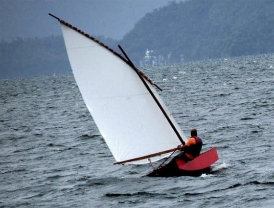 oz goose sailing dinghy in rough water and strong wind copes with waves very well